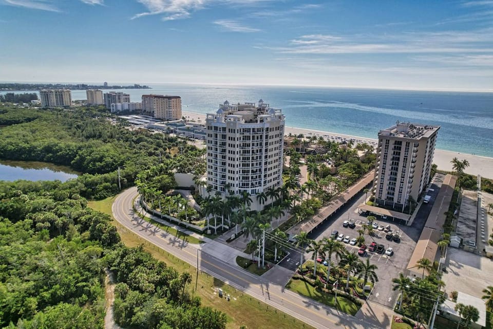 Aerial of beachfront condos on the Gulf