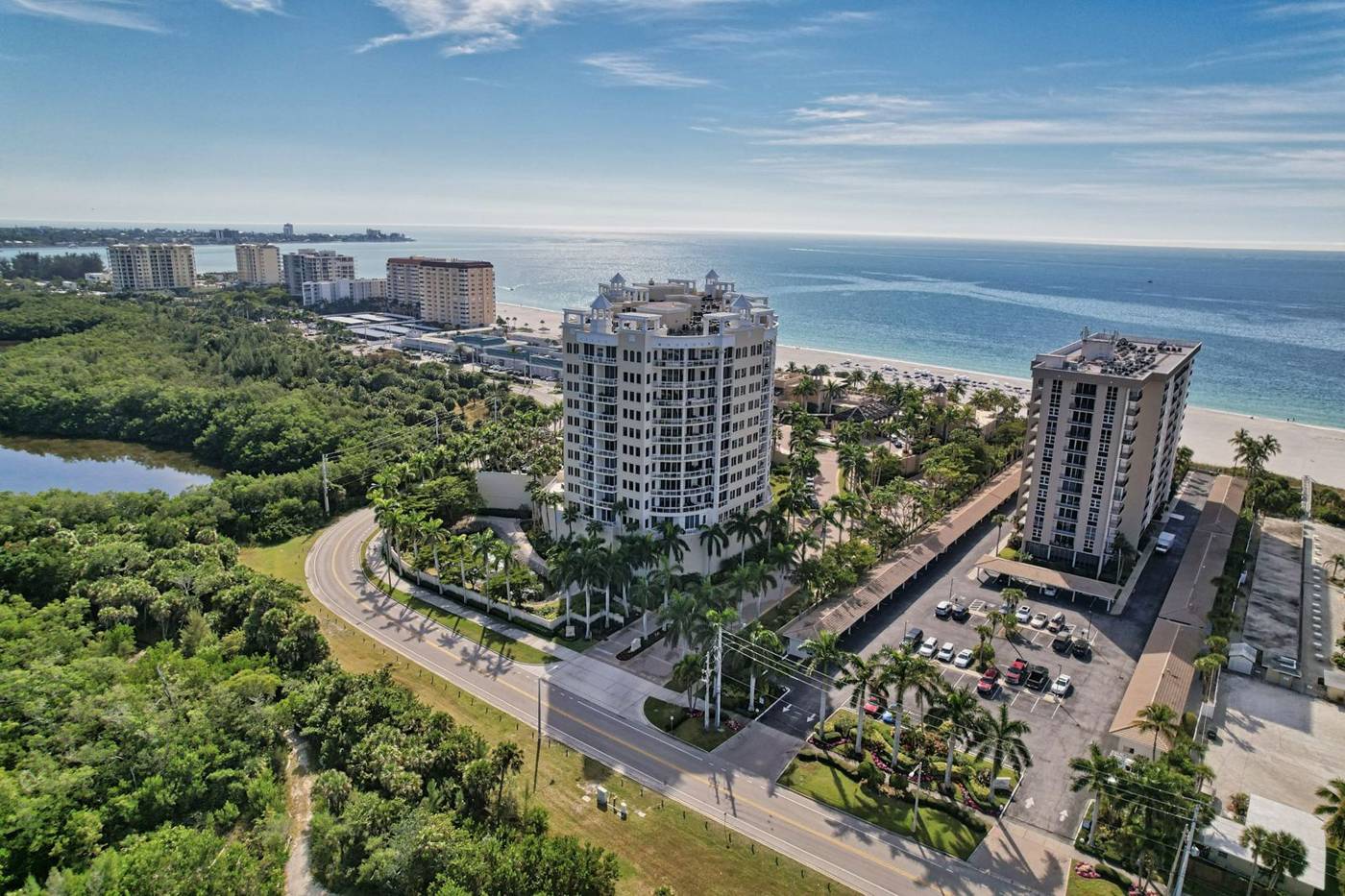 Aerial of beachfront condos on the Gulf