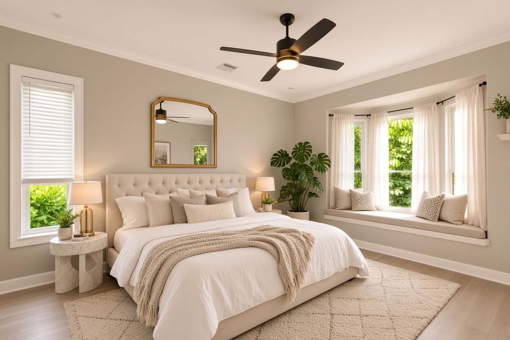 The same bedroom restaged in cream and gold